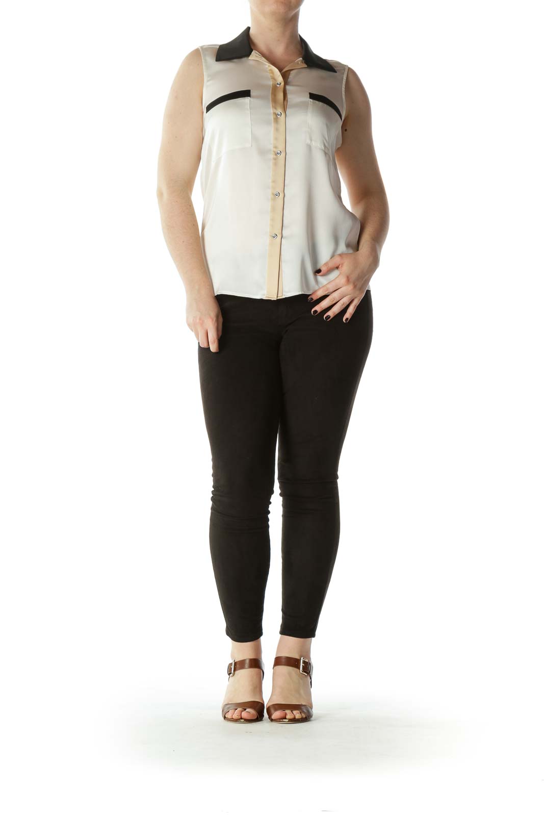 Cream Beige and Black Sleeveless Collared Button-Down