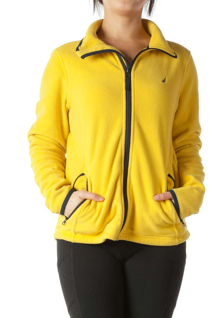 Yellow Navy Blue Piping Zippered High Neck Sports Jacket