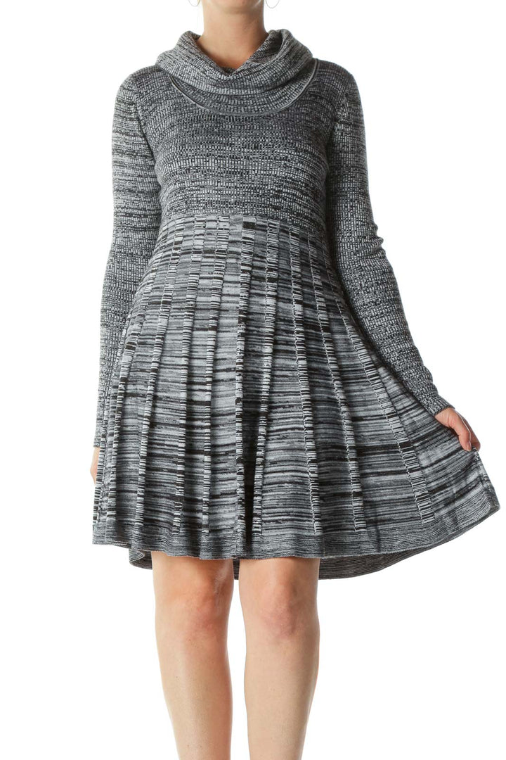 Black Gray Cowl-Neck A-Line Flared Knit Dress