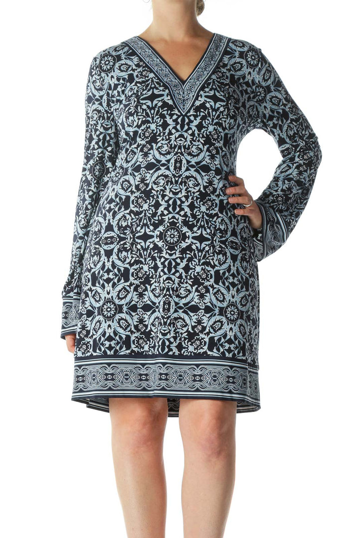 Blue Floral Print Dress with Bell Sleeves