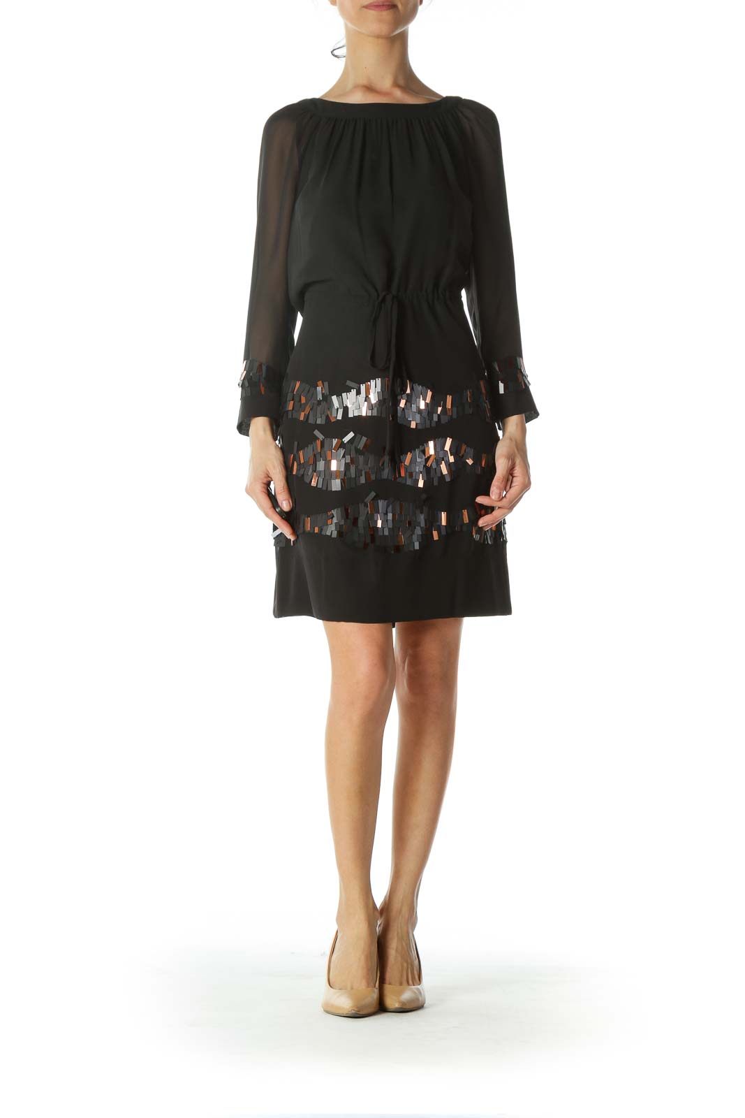 Black Sequined-Accents Drawstring-Waist Dress