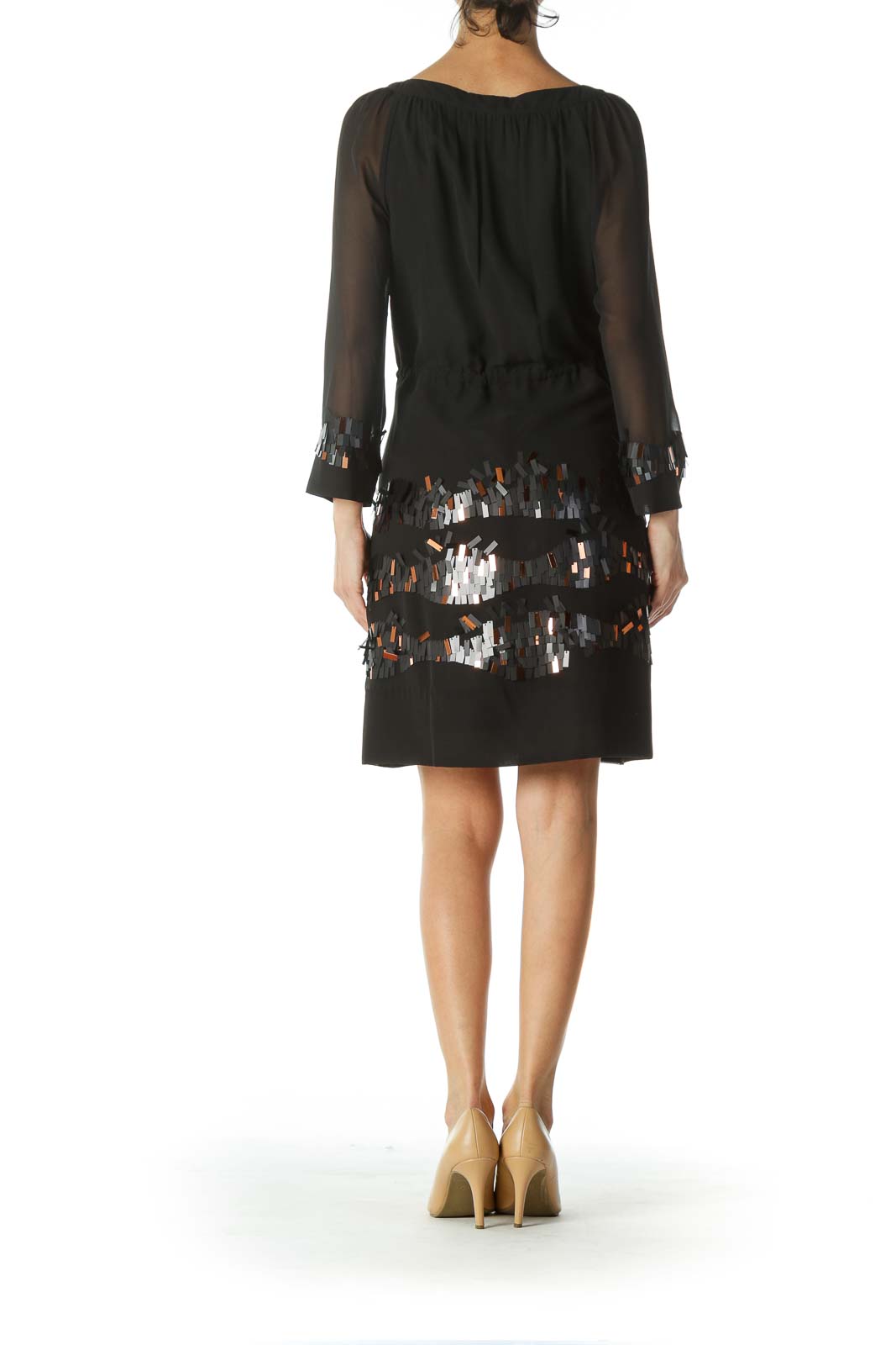 Black Sequined-Accents Drawstring-Waist Dress