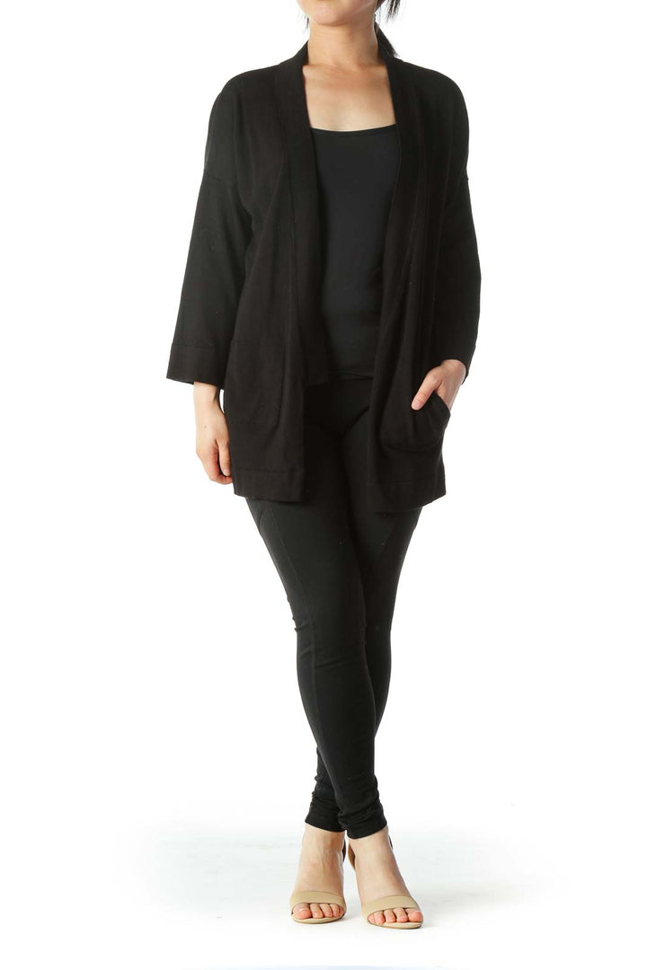 Black 3/4 Sleeve Pocketed Knit Cardigan