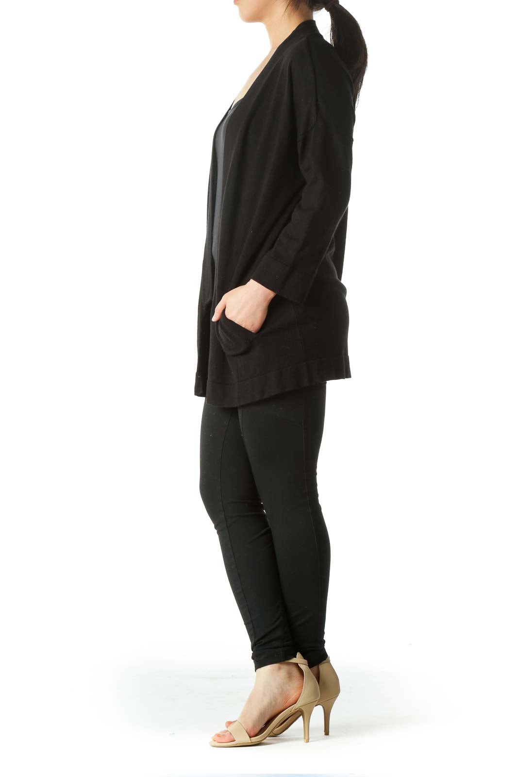 Black 3/4 Sleeve Pocketed Knit Cardigan