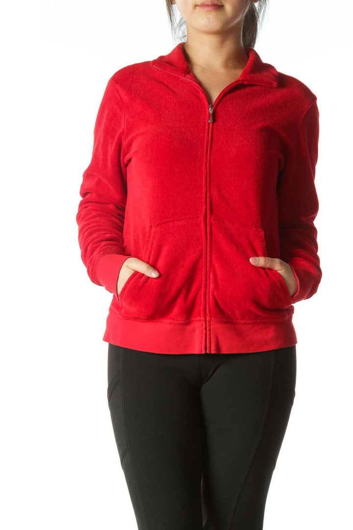 Red Zippered Pocketed High-Neck Fitted Jacket