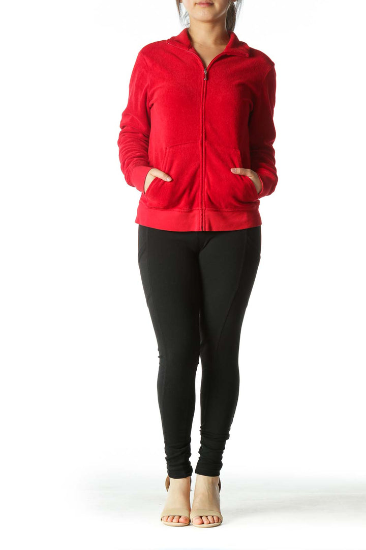 Red Zippered Pocketed High-Neck Fitted Jacket