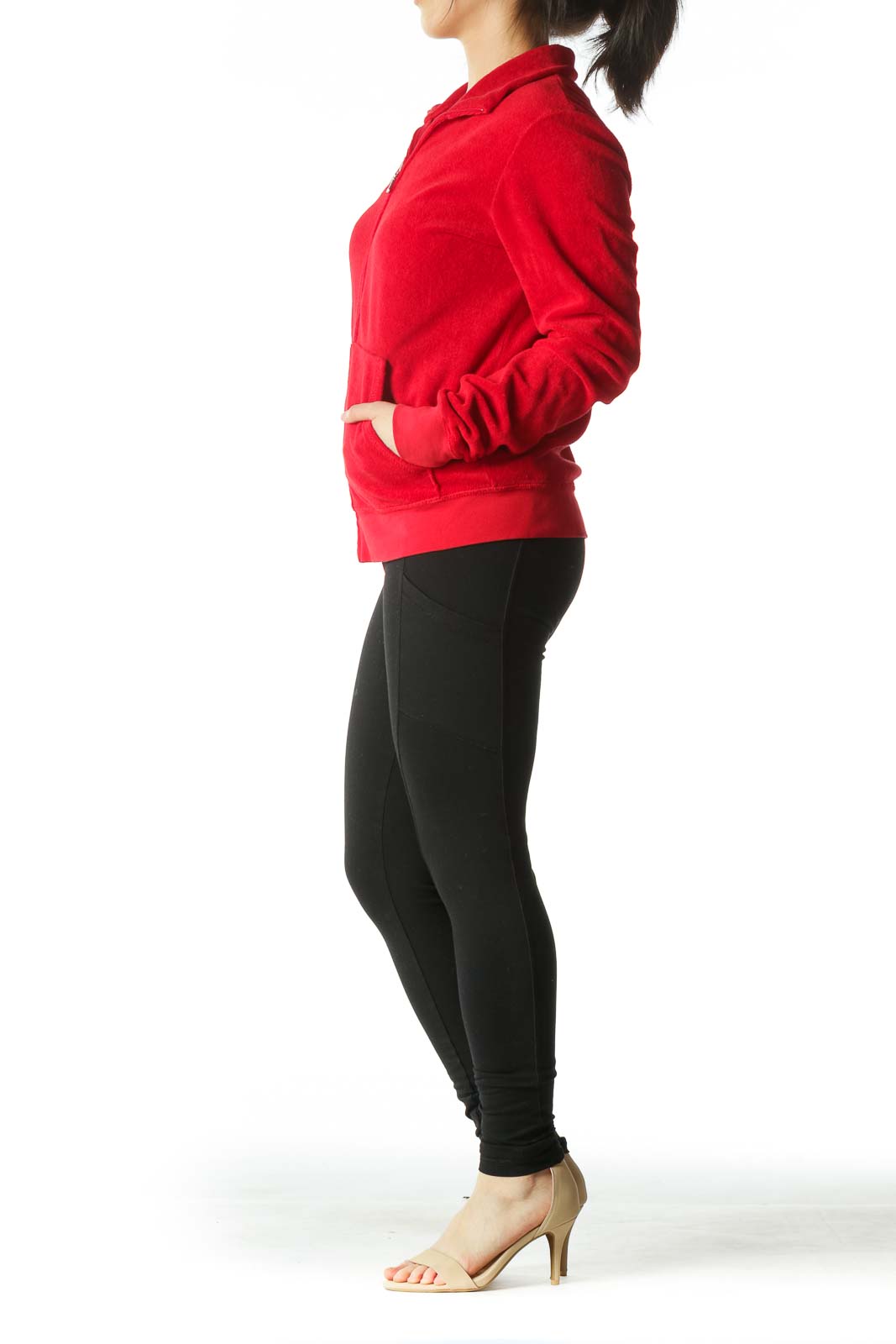 Red Zippered Pocketed High-Neck Fitted Jacket