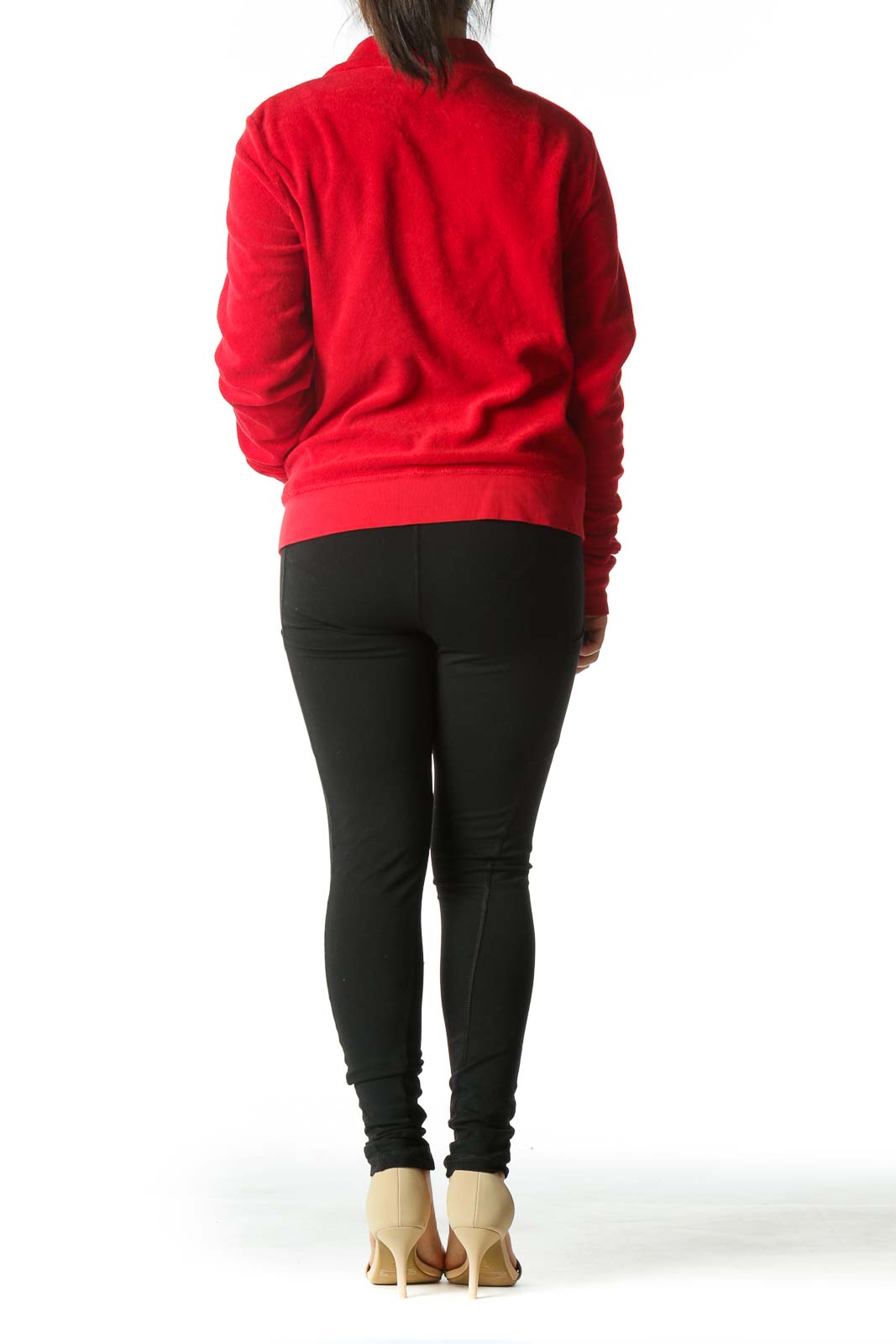 Red Zippered Pocketed High-Neck Fitted Jacket