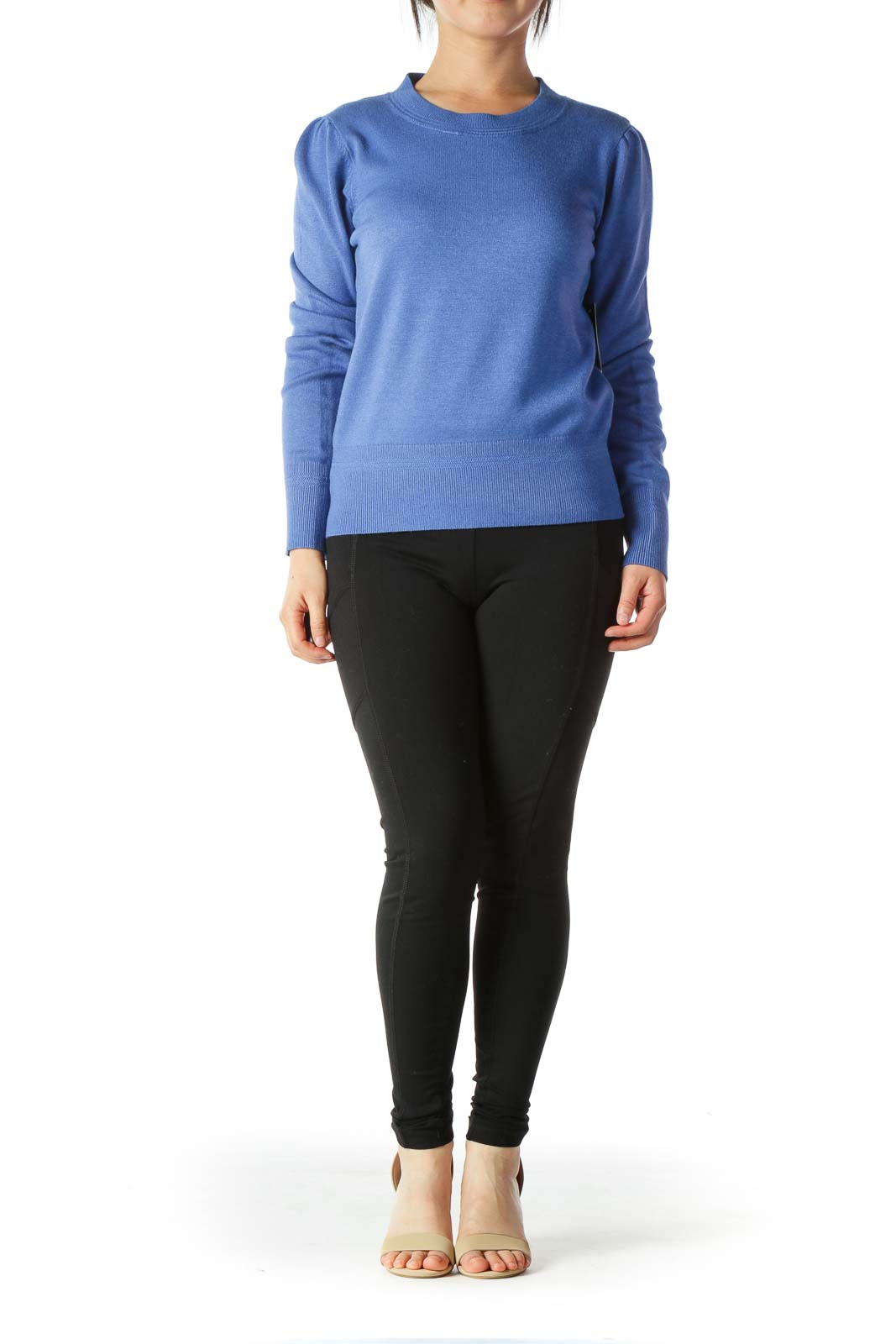 Blue Round-Neck Scrunched-Shoulder Detail Soft Sweater