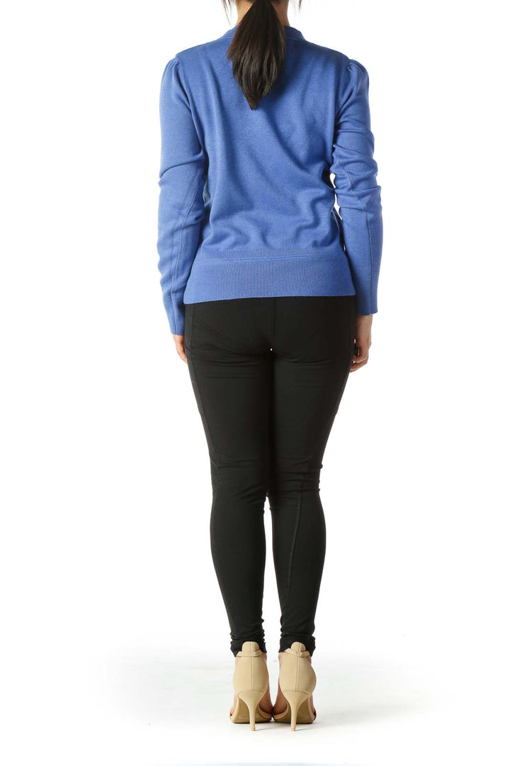 Blue Round-Neck Scrunched-Shoulder Detail Soft Sweater