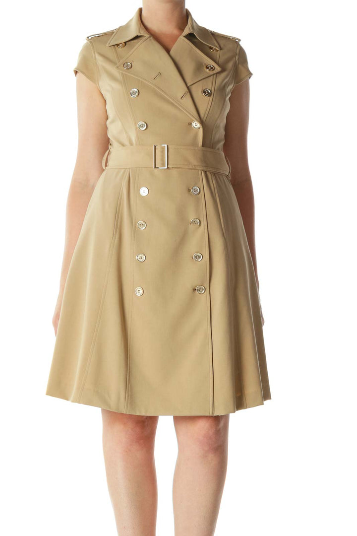 Beige Double-Breasted Buttoned Cap-Sleeves Dress