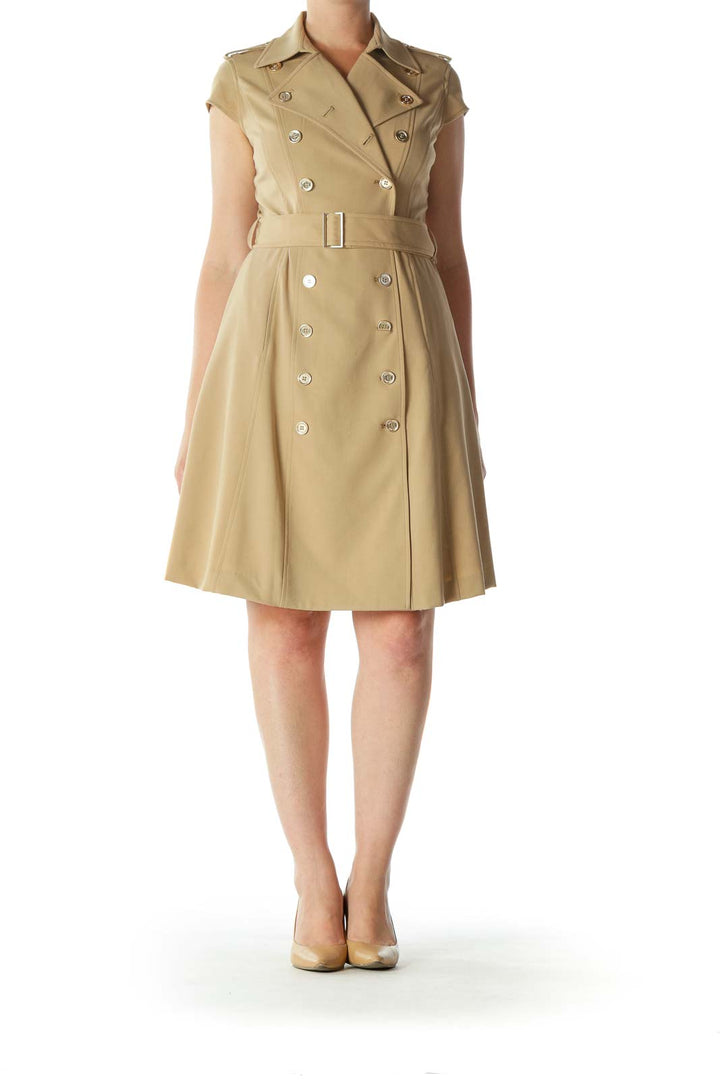 Beige Double-Breasted Buttoned Cap-Sleeves Dress