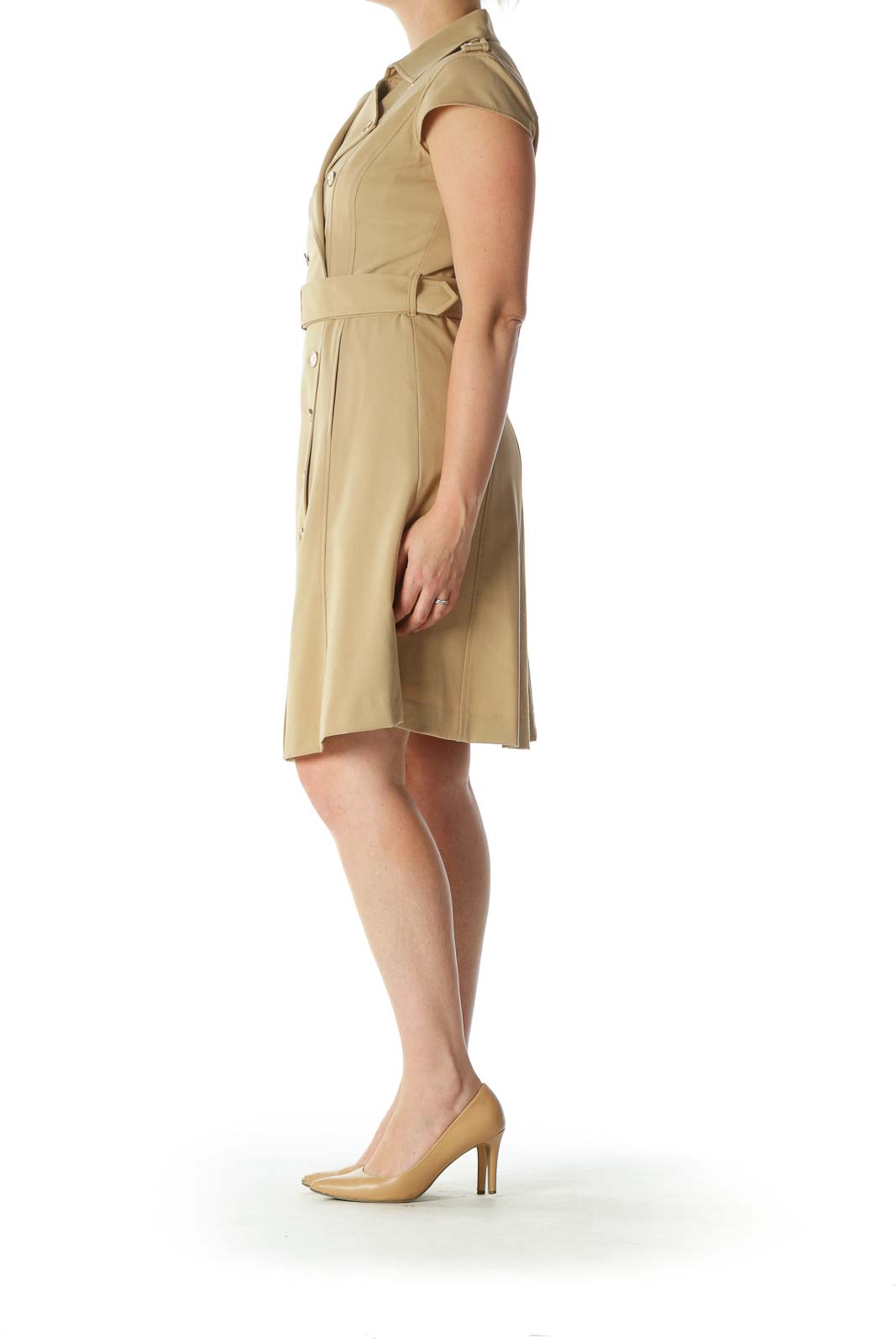 Beige Double-Breasted Buttoned Cap-Sleeves Dress