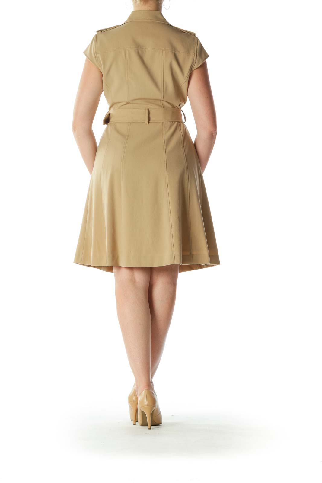 Beige Double-Breasted Buttoned Cap-Sleeves Dress