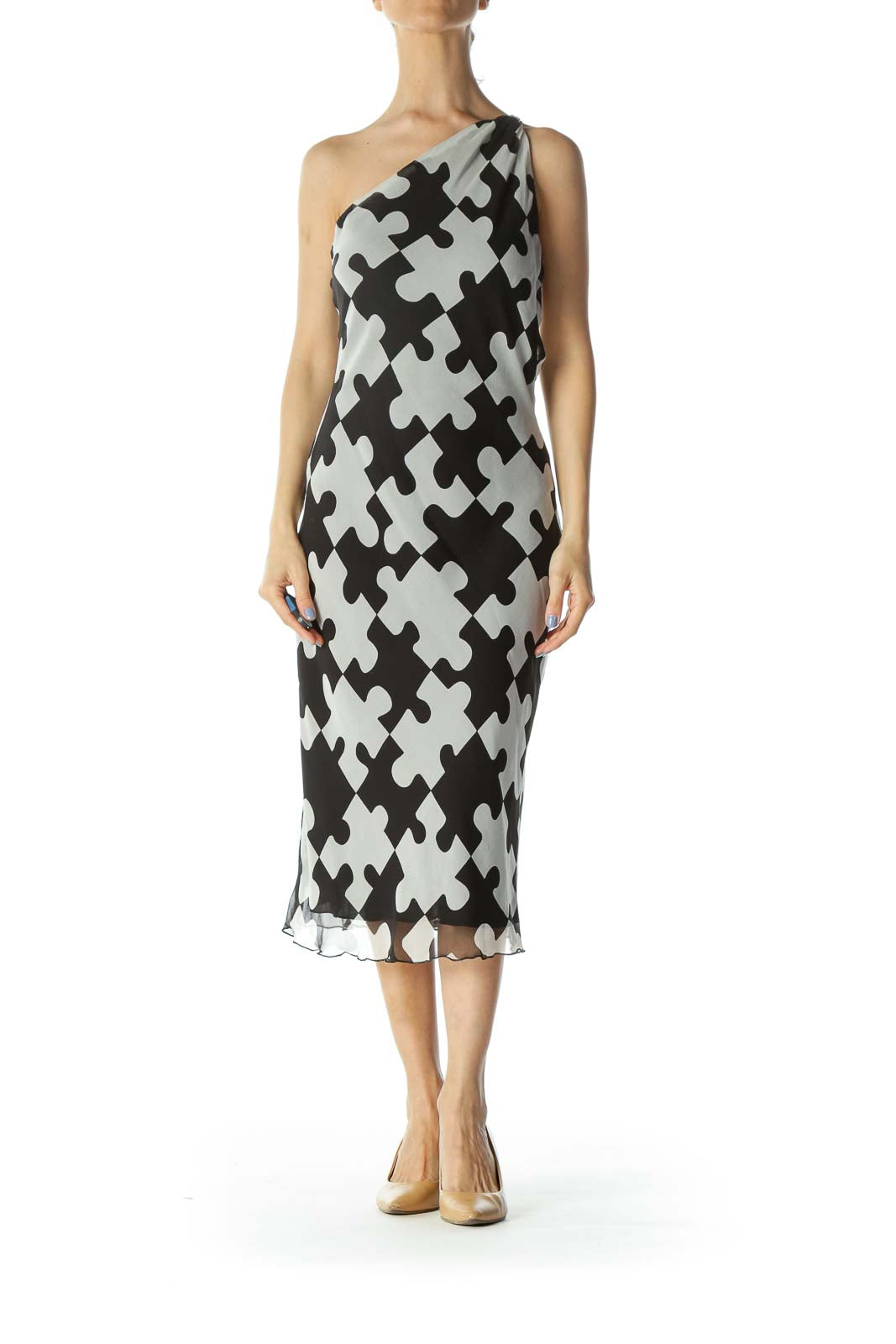 Black/White 100% Silk Puzzle-Print Knot-Detail Light Dress