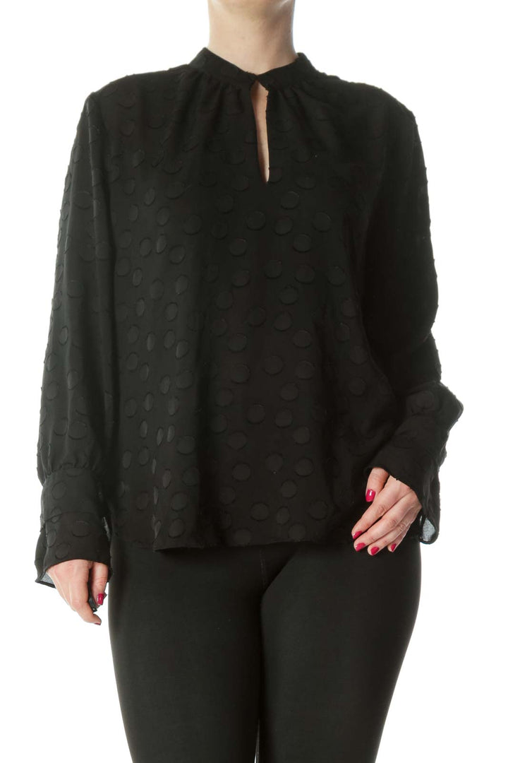 Black Keyhole Circles-Textured-Appliques High-Neck Long-Sleeve Blouse