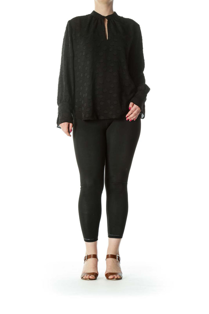 Black Keyhole Circles-Textured-Appliques High-Neck Long-Sleeve Blouse