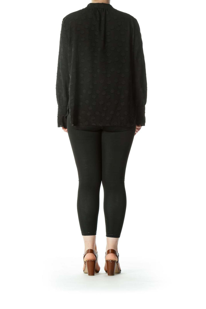 Black Keyhole Circles-Textured-Appliques High-Neck Long-Sleeve Blouse