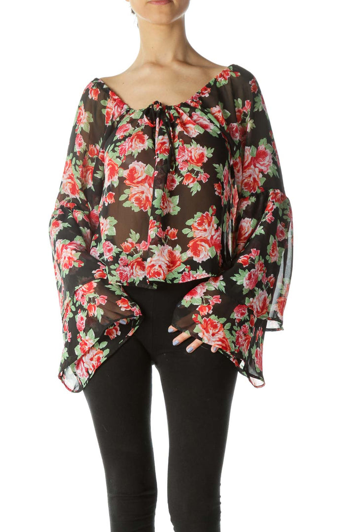 Multi Floral Oversized Cropped Ruffled Sleeves Top