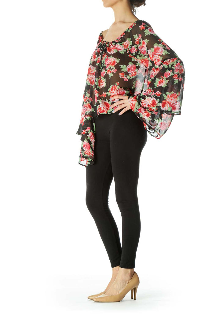 Multi Floral Oversized Cropped Ruffled Sleeves Top