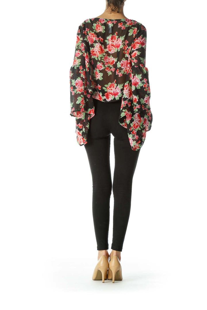 Multi Floral Oversized Cropped Ruffled Sleeves Top