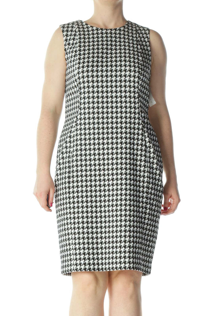 Black/White Textured-Print Round-Neck Work Dress