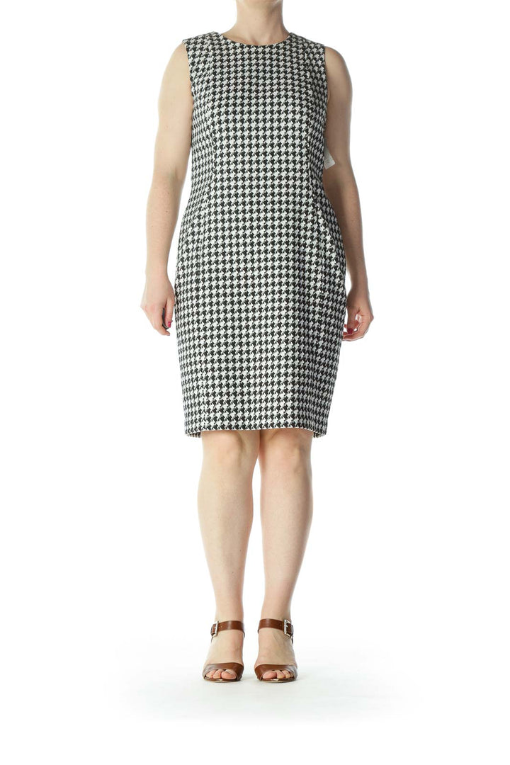 Black/White Textured-Print Round-Neck Work Dress