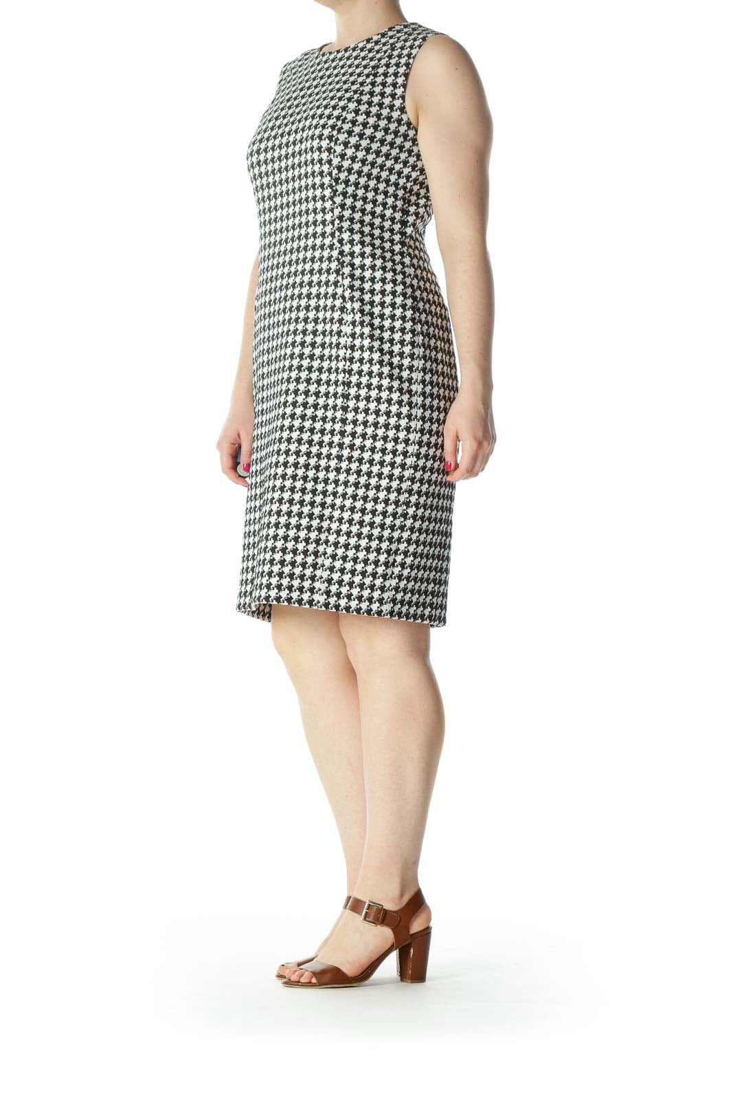 Black/White Textured-Print Round-Neck Work Dress