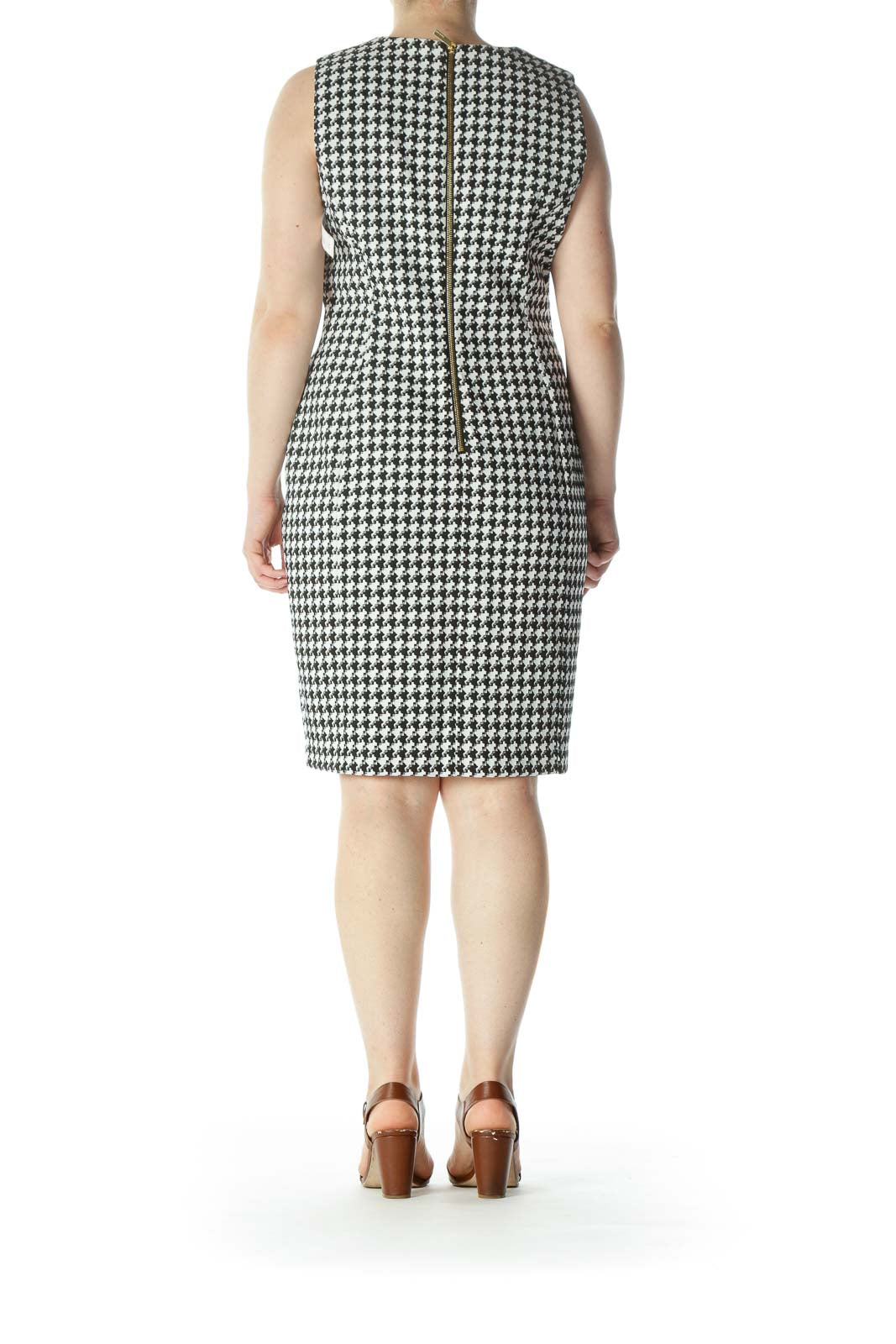 Black/White Textured-Print Round-Neck Work Dress