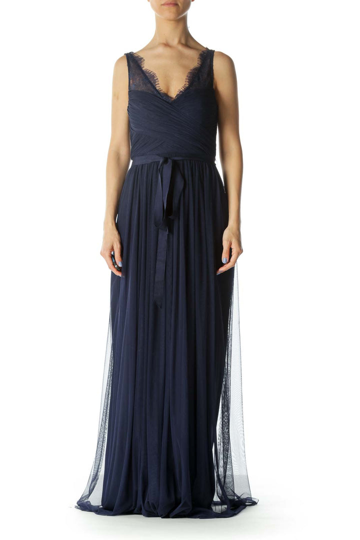 Navy-Blue V-Neck Lace Belted Inside Torso-Structure Evening Dress