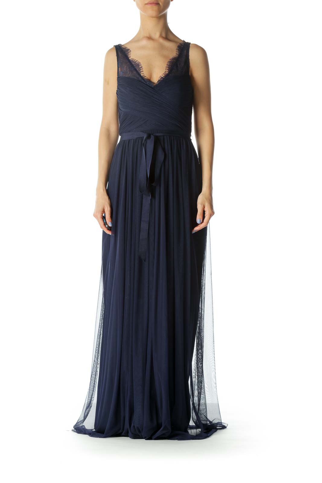 Navy-Blue V-Neck Lace Belted Inside Torso-Structure Evening Dress