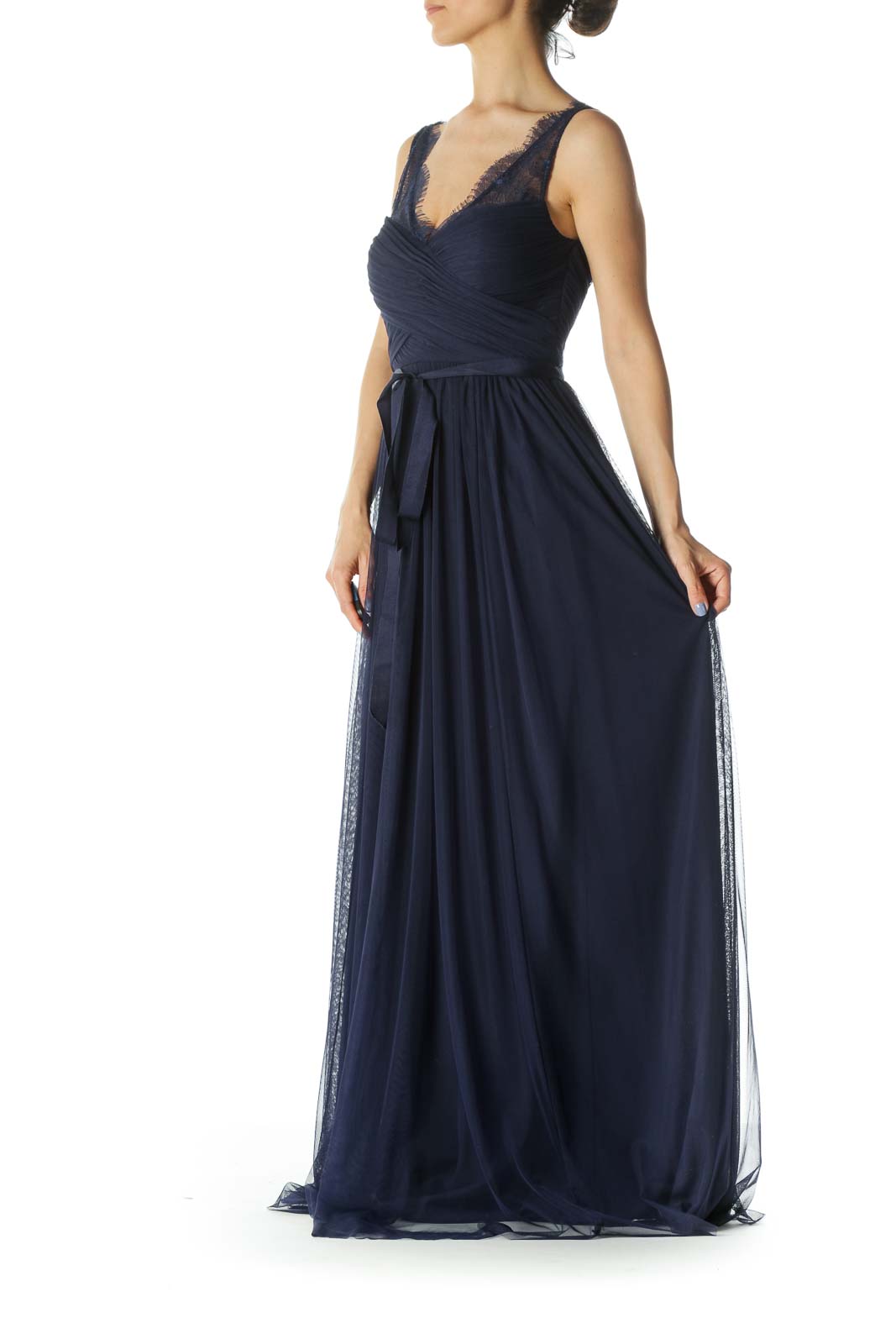 Navy-Blue V-Neck Lace Belted Inside Torso-Structure Evening Dress