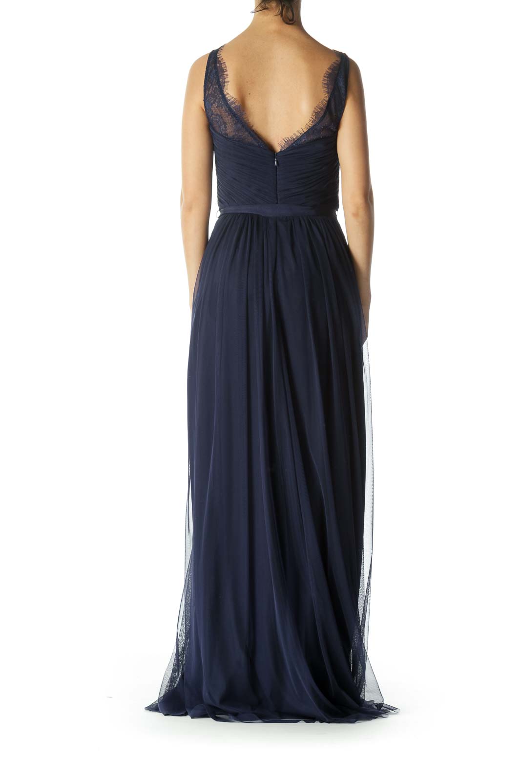 Navy-Blue V-Neck Lace Belted Inside Torso-Structure Evening Dress