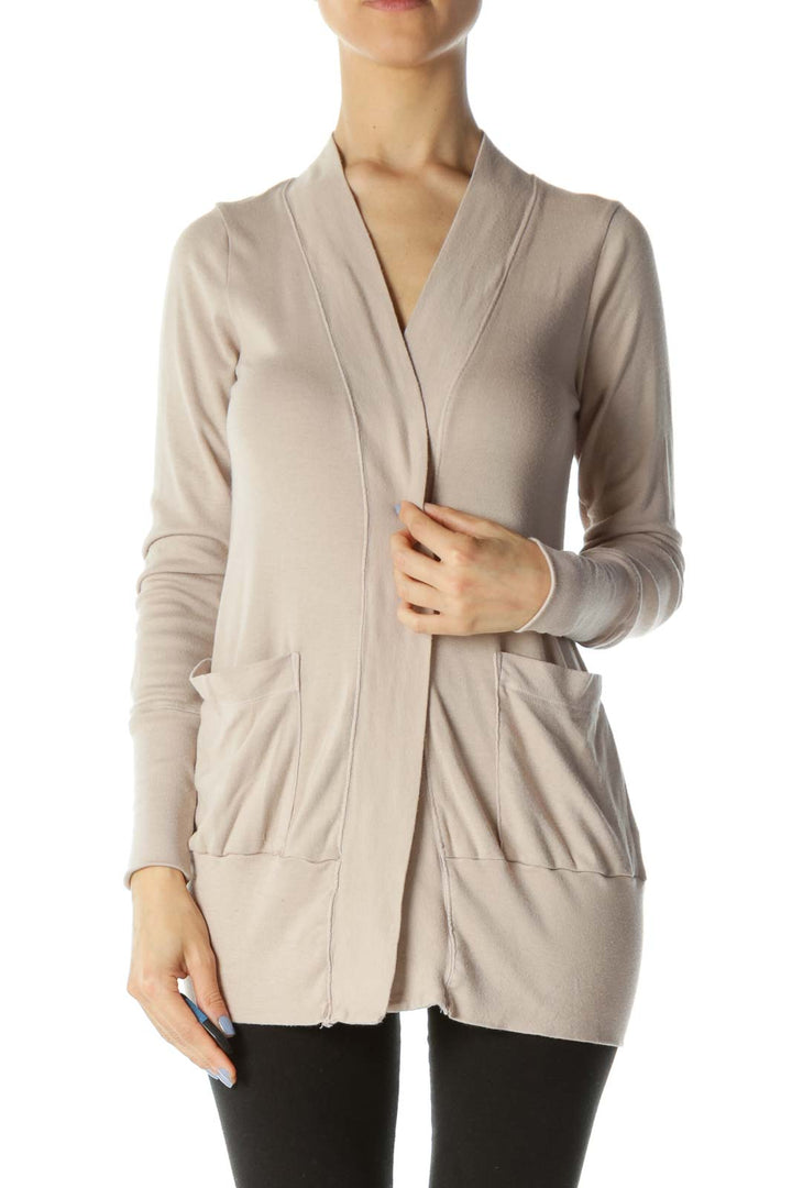 Beige Pocketed Long Sleeve Cardigan