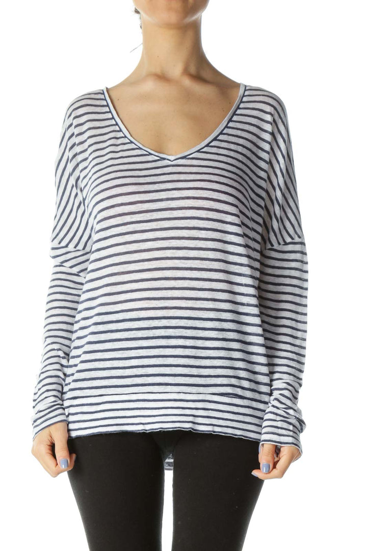 Blue/White 100% Linen V-Neck Striped Flared Knit Top