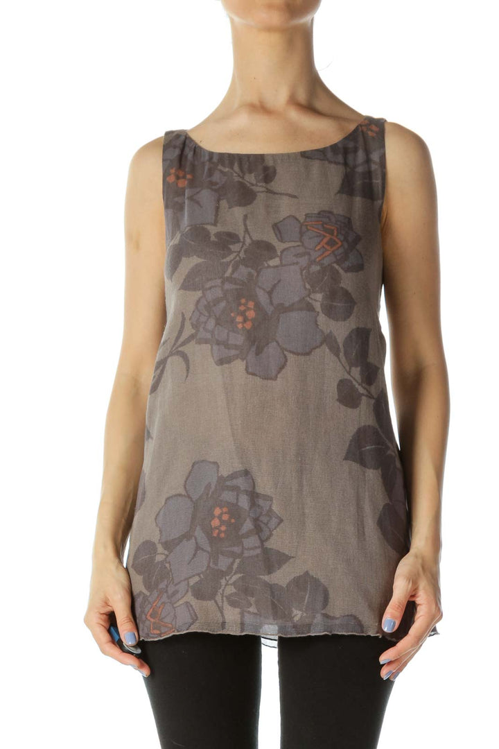 Gray/Blue/Beige 100% Cotton Sleeveless Flower-Print Knit Top