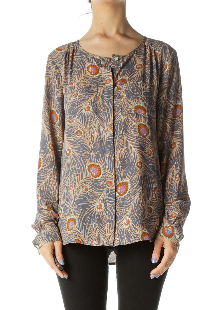 Gray/Beige/Orange Pocketed Round-Neck Long-Sleeve Blouse