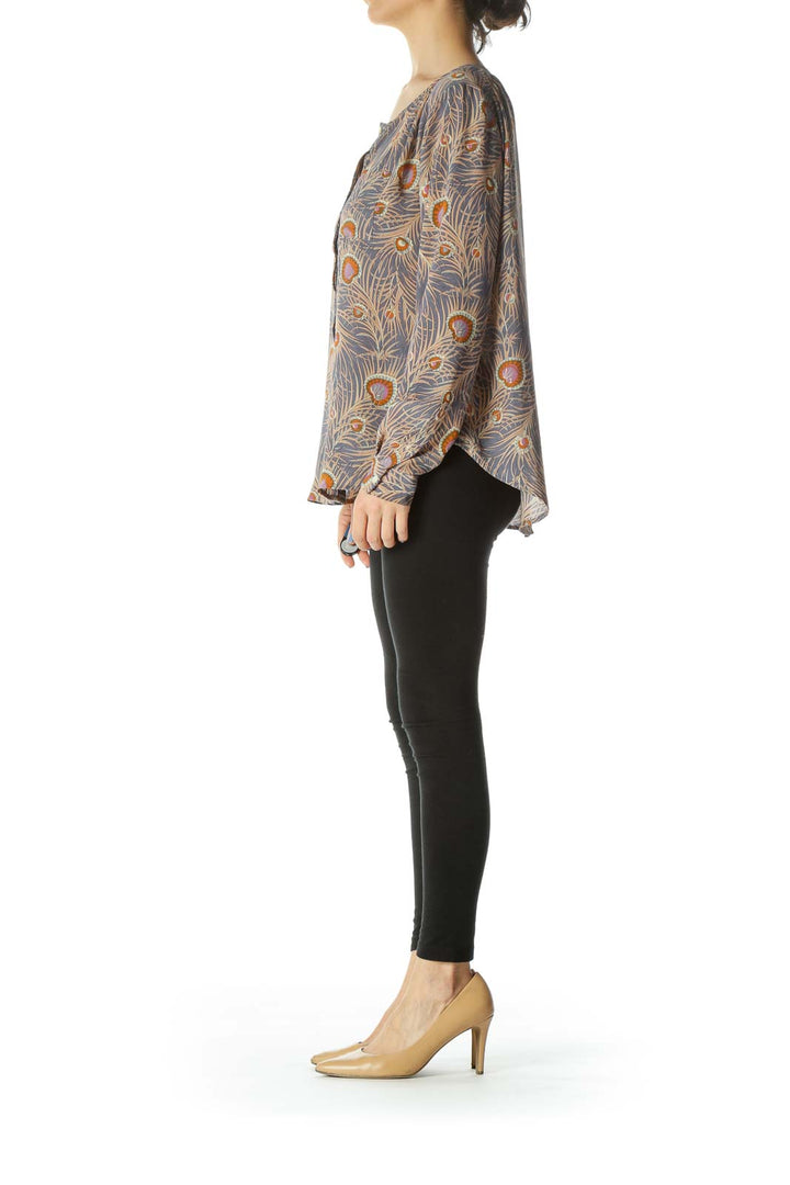 Gray/Beige/Orange Pocketed Round-Neck Long-Sleeve Blouse