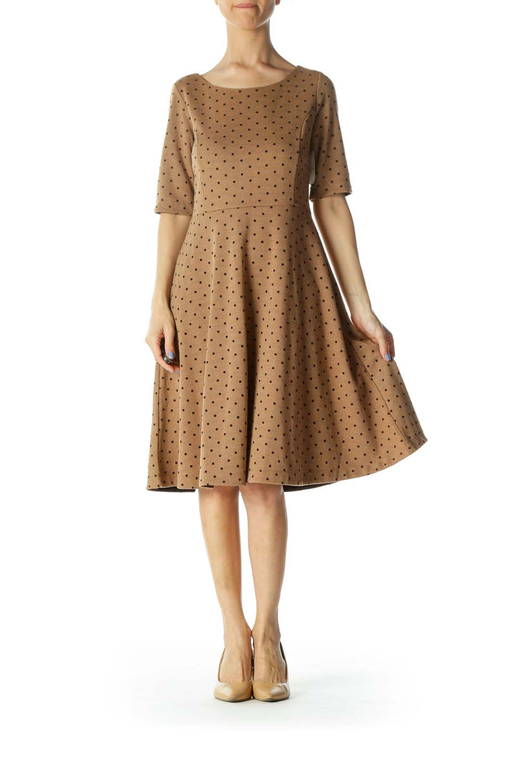 Brown Herringbone 3/4-Sleeve Textured Skater Dress