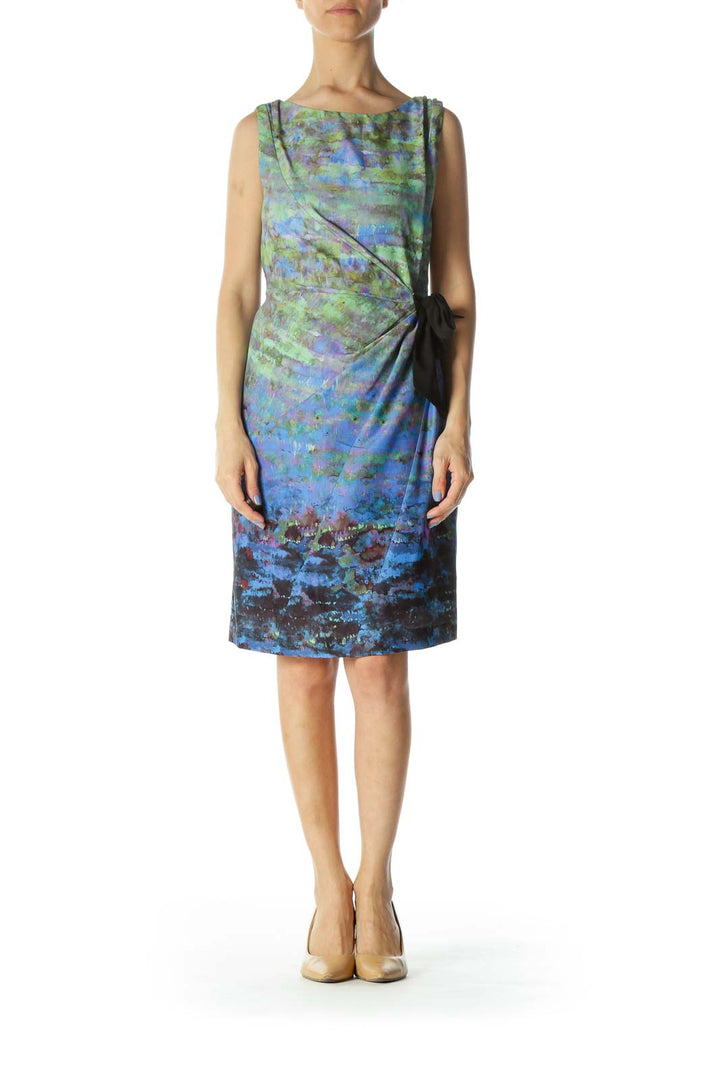 Blue/Green/Black Paint-Print Lined Belt Work Dress