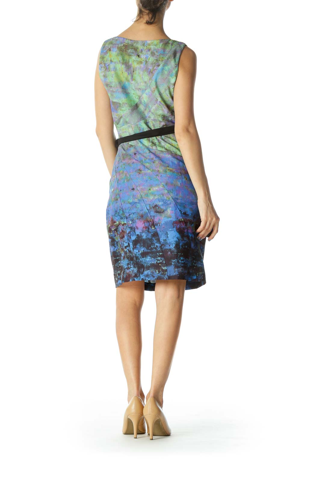 Blue/Green/Black Paint-Print Lined Belt Work Dress