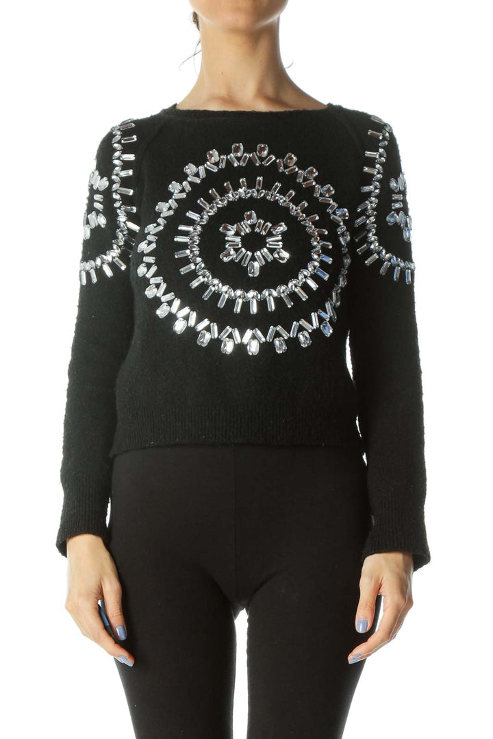 Black Mohair Mercerized Wool Embellished Long-Sleeve Sweater