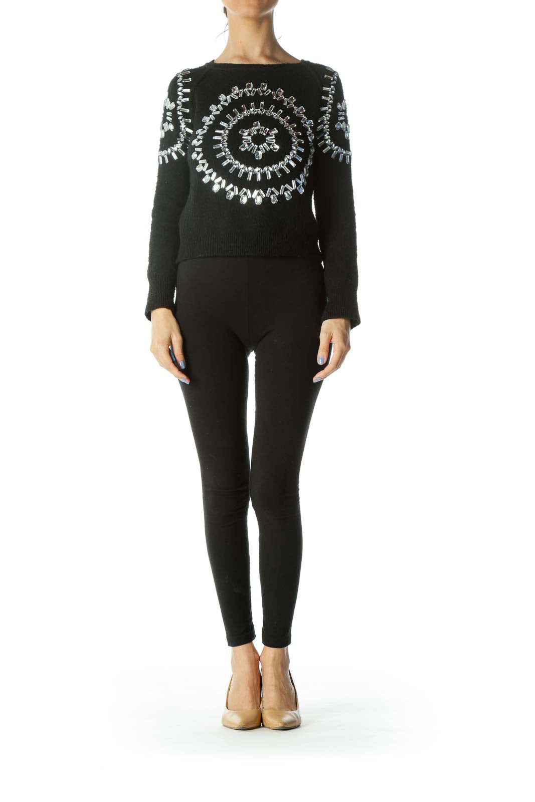 Black Mohair Mercerized Wool Embellished Long-Sleeve Sweater