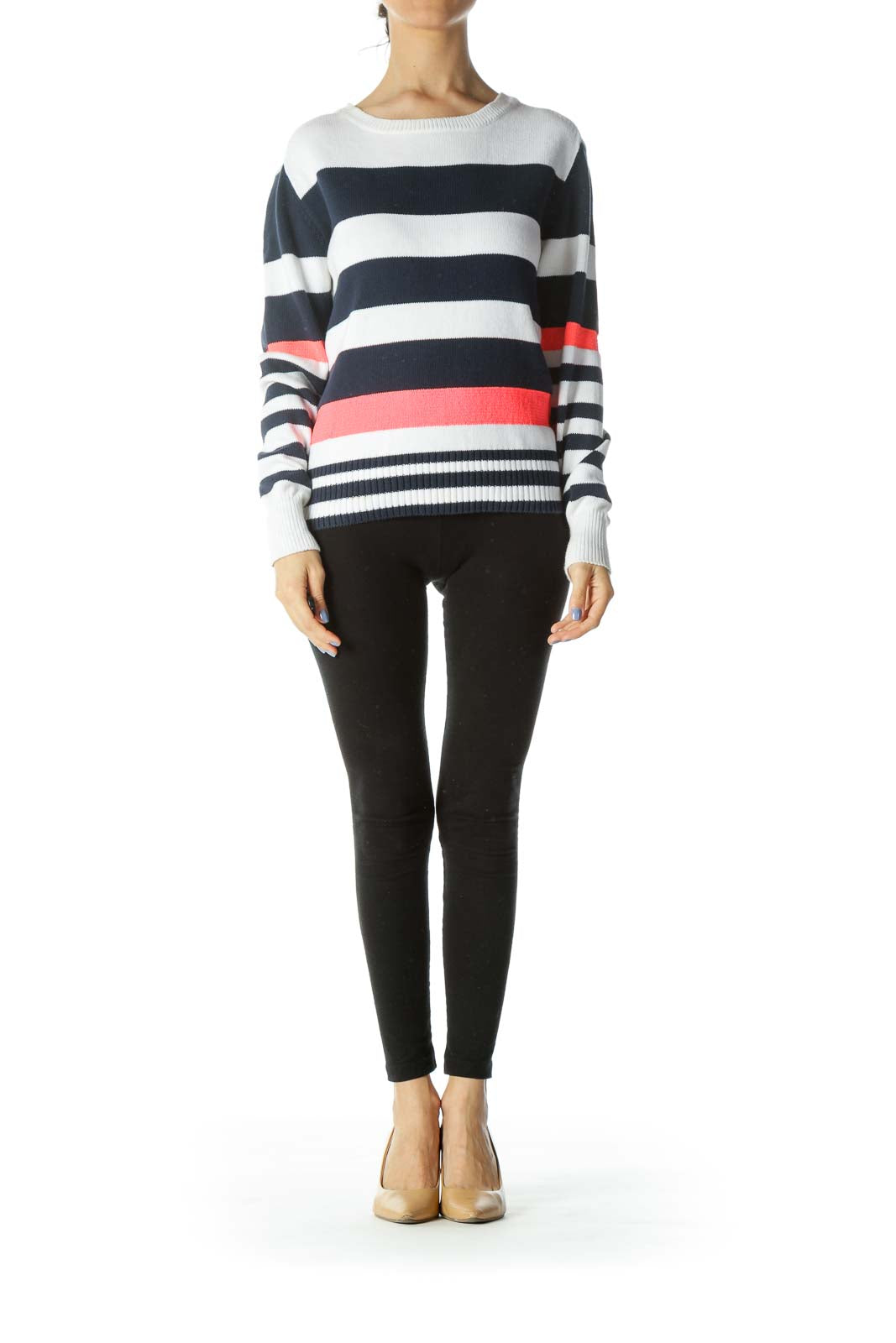 Blue/White/Neon-Pink Striped Long-Sleeve Sweater