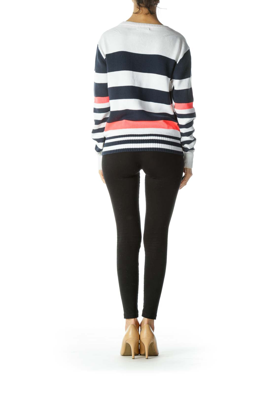 Blue/White/Neon-Pink Striped Long-Sleeve Sweater