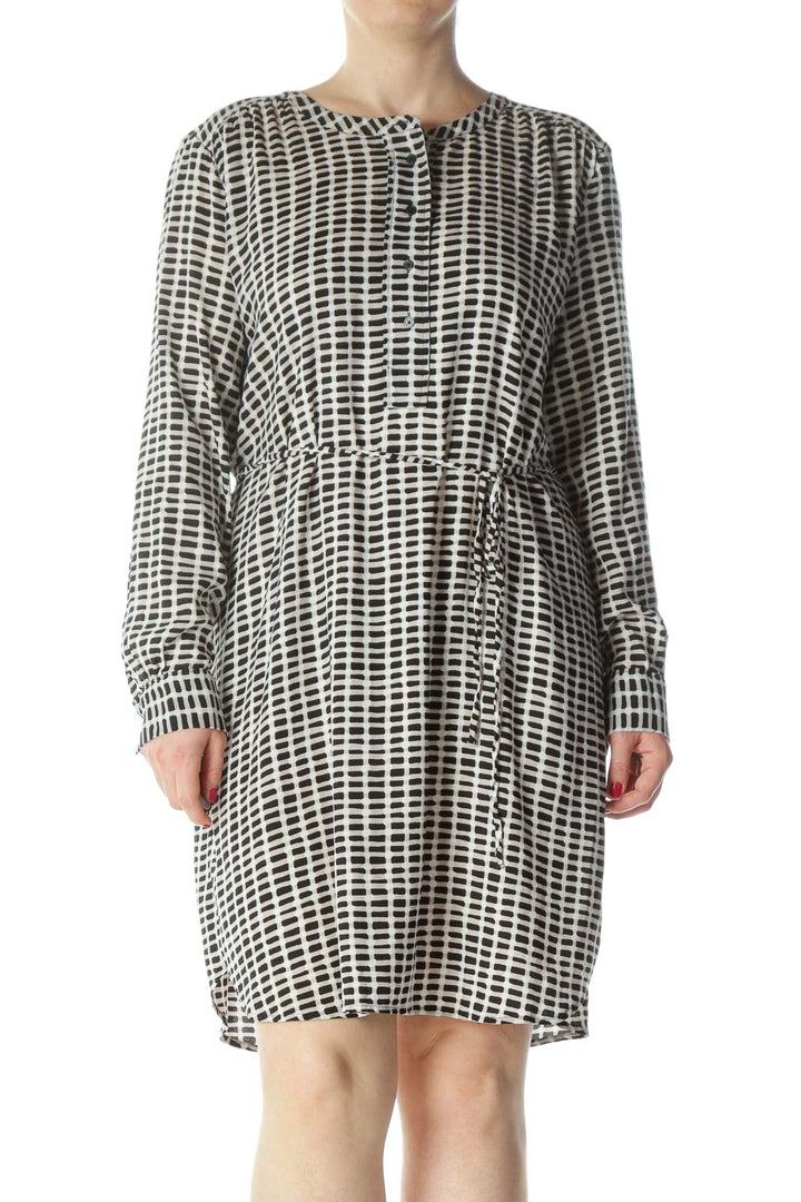 Black/Beige/White Printed Long-Sleeve Belted Dress