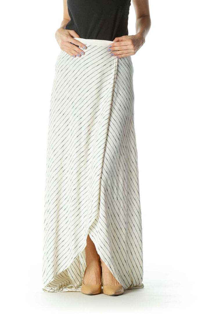 Cream/Black Striped Knit Maxi Skirt with Waist Tie