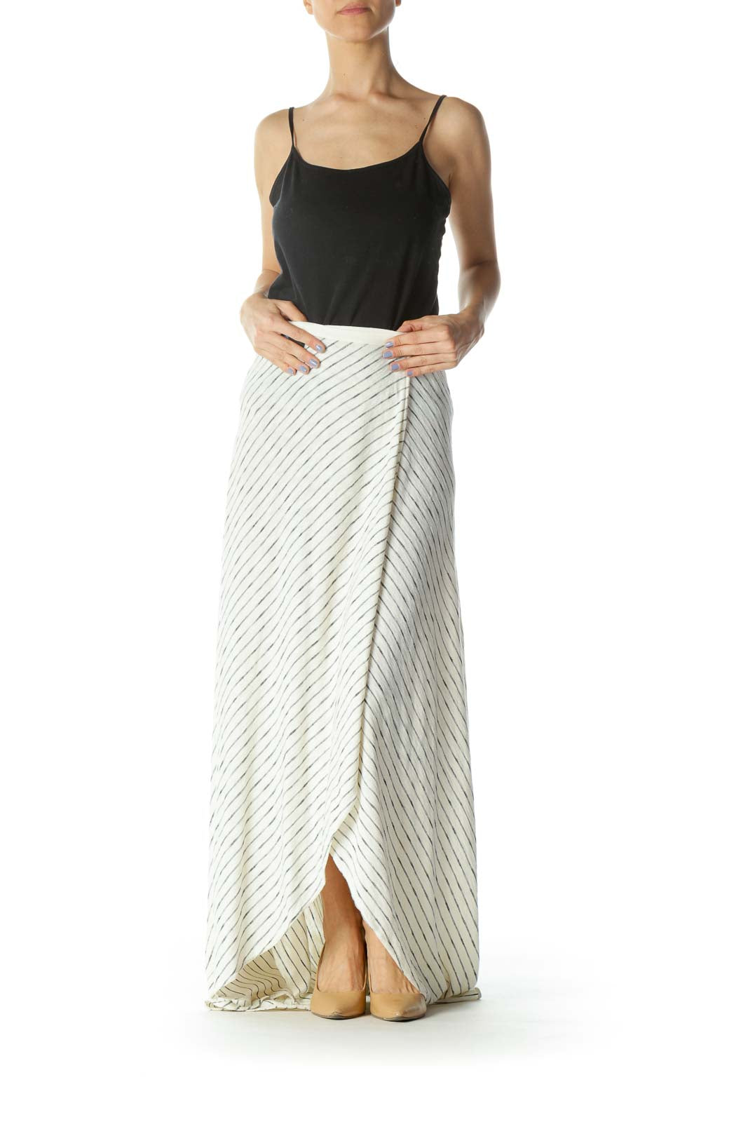 Cream/Black Striped Knit Maxi Skirt with Waist Tie