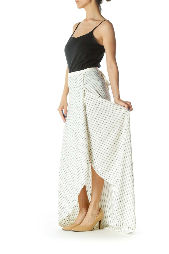 Cream/Black Striped Knit Maxi Skirt with Waist Tie