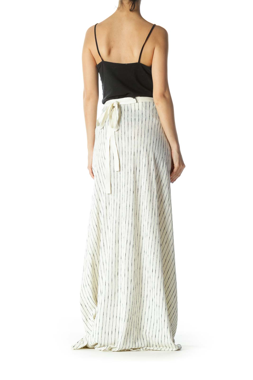 Cream/Black Striped Knit Maxi Skirt with Waist Tie